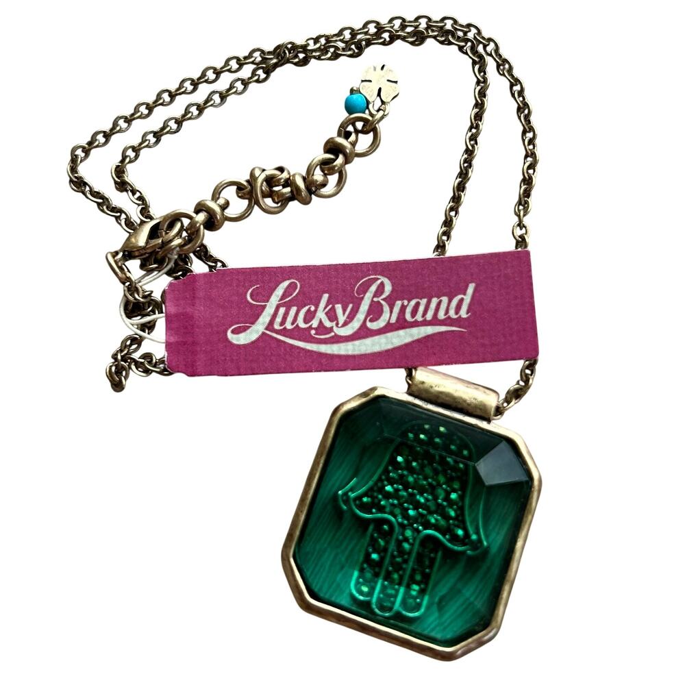 Lucky Brand Hamsa Necklace NWT Green Stone Reversible Pendant Brass Tone Chain